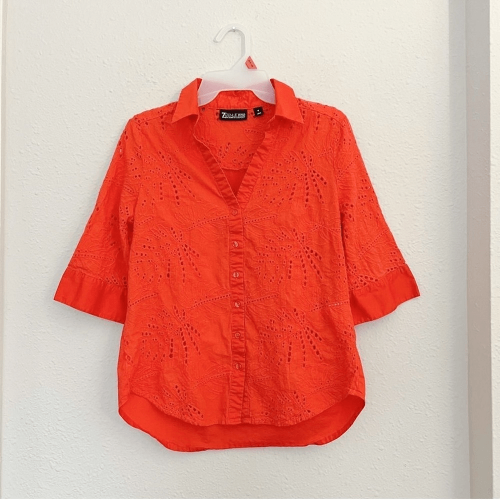 New York & Company 7th Avenue Cotton Eyelet Button Front Shirt Size Medium