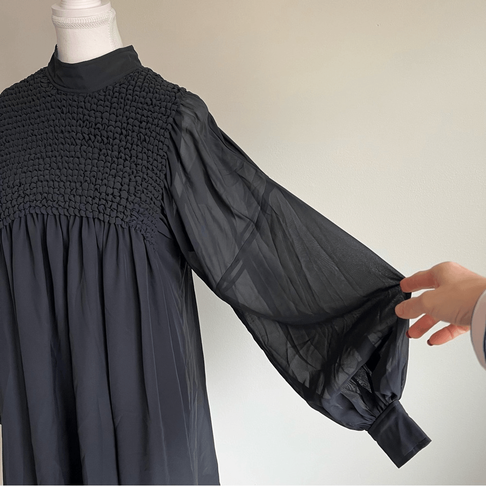 GANNI Smocked Bib Long Sleeve Chiffon Mini Dress NEW EU 42 (US 10/12)