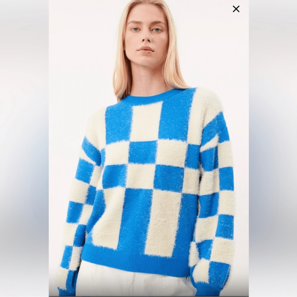 FRNCH Lio Cozy Fuzzy Sweater Blue White Abstract Colorblock Size Small