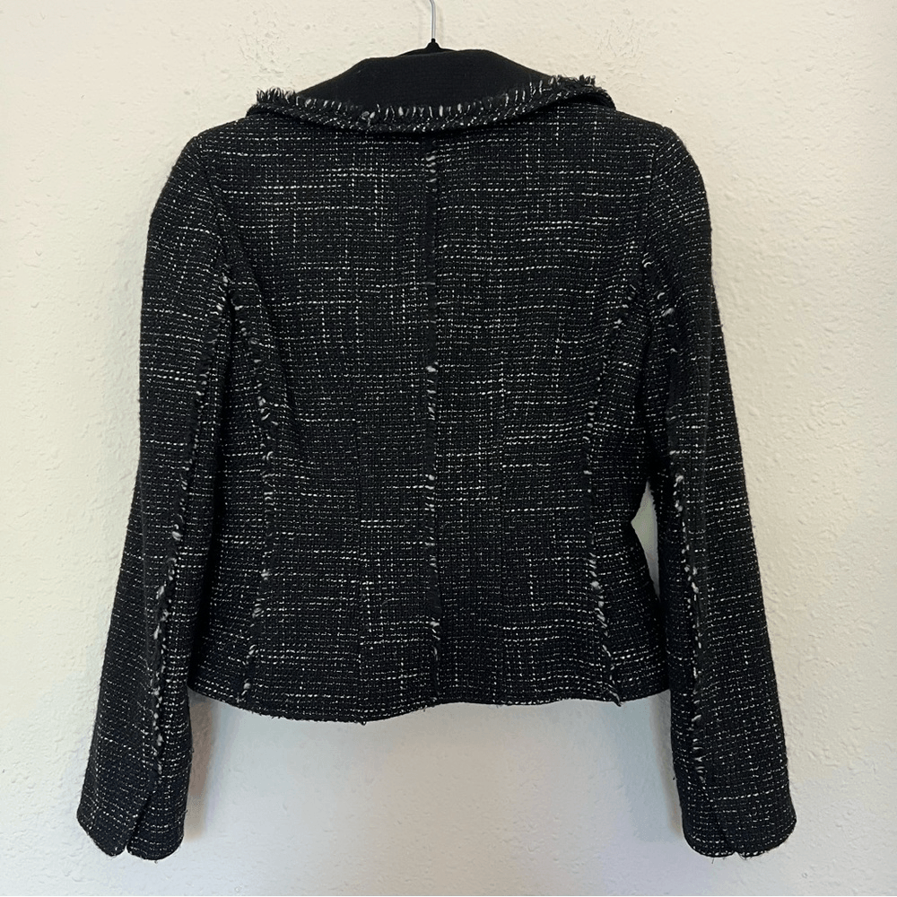 Ann Taylor Wool Blend Tweed Black Fringed Blazer Jacket Size 2 Petites