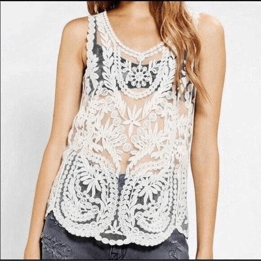 Anthropologie Pins & Needles Cream Embroidered Sheer Lace Tank Top Size Small