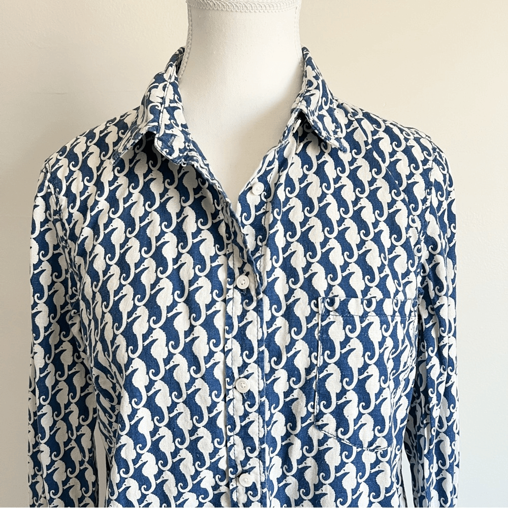 J. Crew Seahorse Linen Blend Button Down Boy Shirt Size 6 Nautical