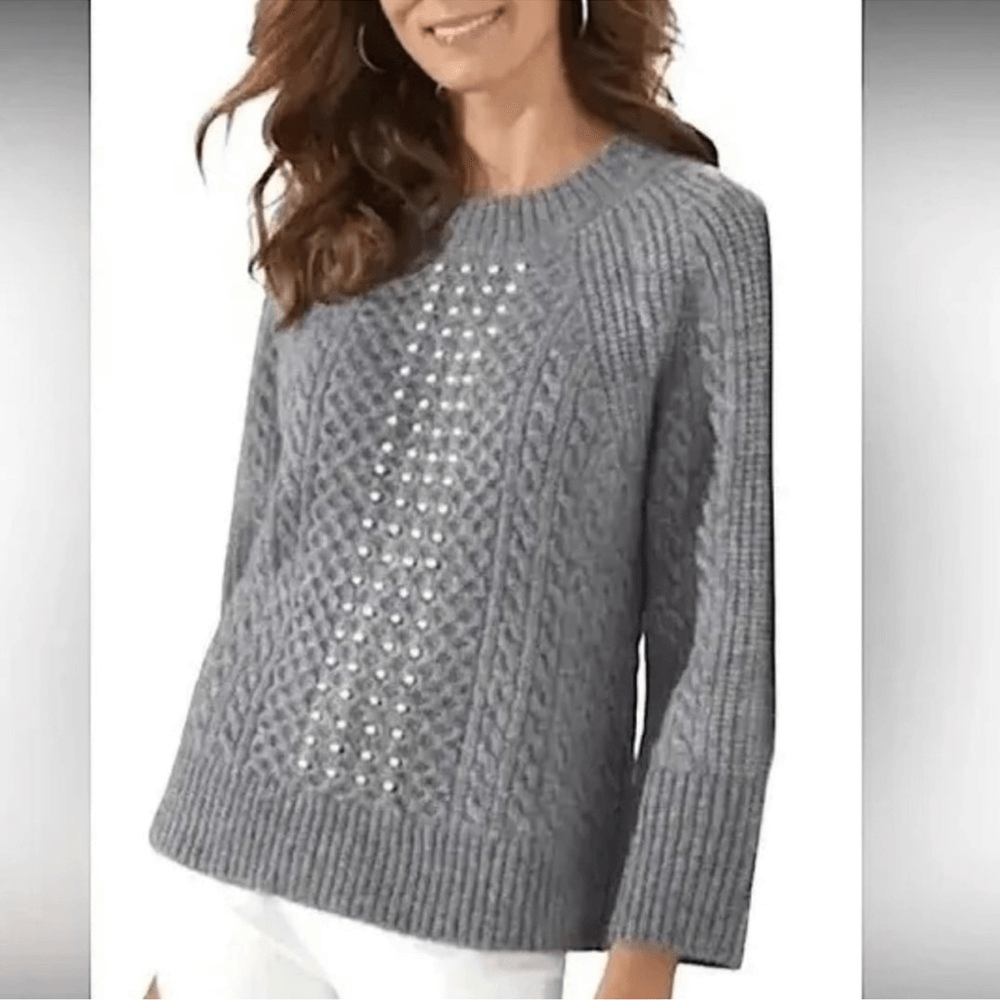 Soft Surroundings Noemi Pearl Cable Knit Sweater Crewneck Gray Size Small