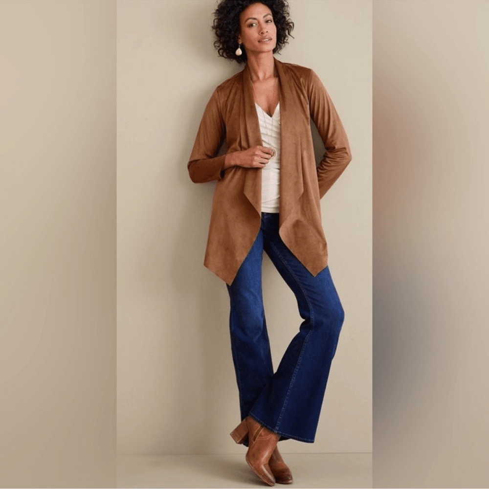 Soft Surroundings Shape Drape Faux Suede Brown Jacket Cardigan Size XS NWOT