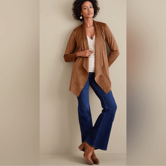 Soft Surroundings Shape Drape Faux Suede Brown Jacket Cardigan Size XS NWOT