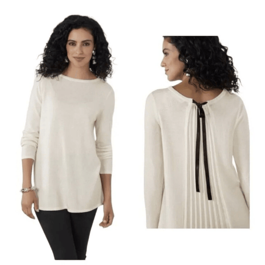 Soft Surroundings Pleated Back  Ecru Ivory Reserva Sweater Tunic Wool Medium