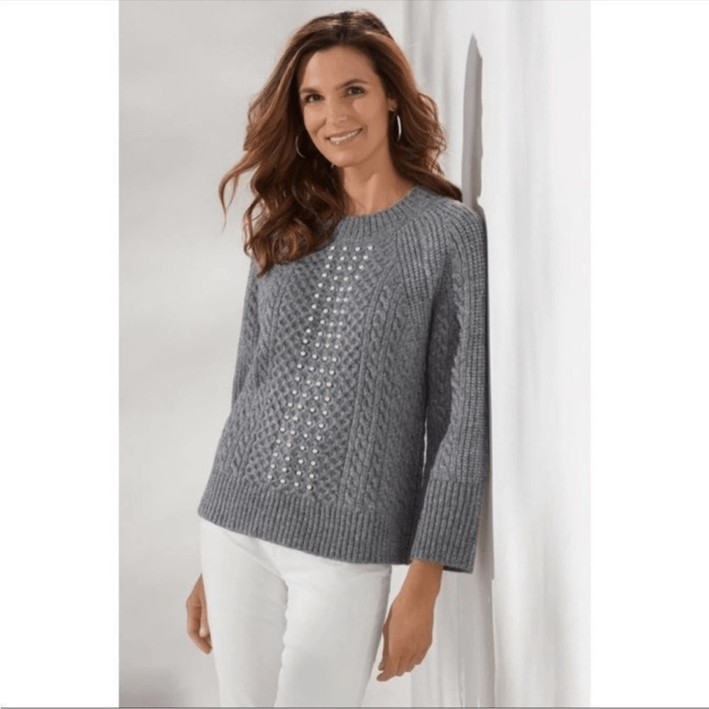 Soft Surroundings Noemi Pearl Cable Knit Sweater Crewneck Gray Size Small