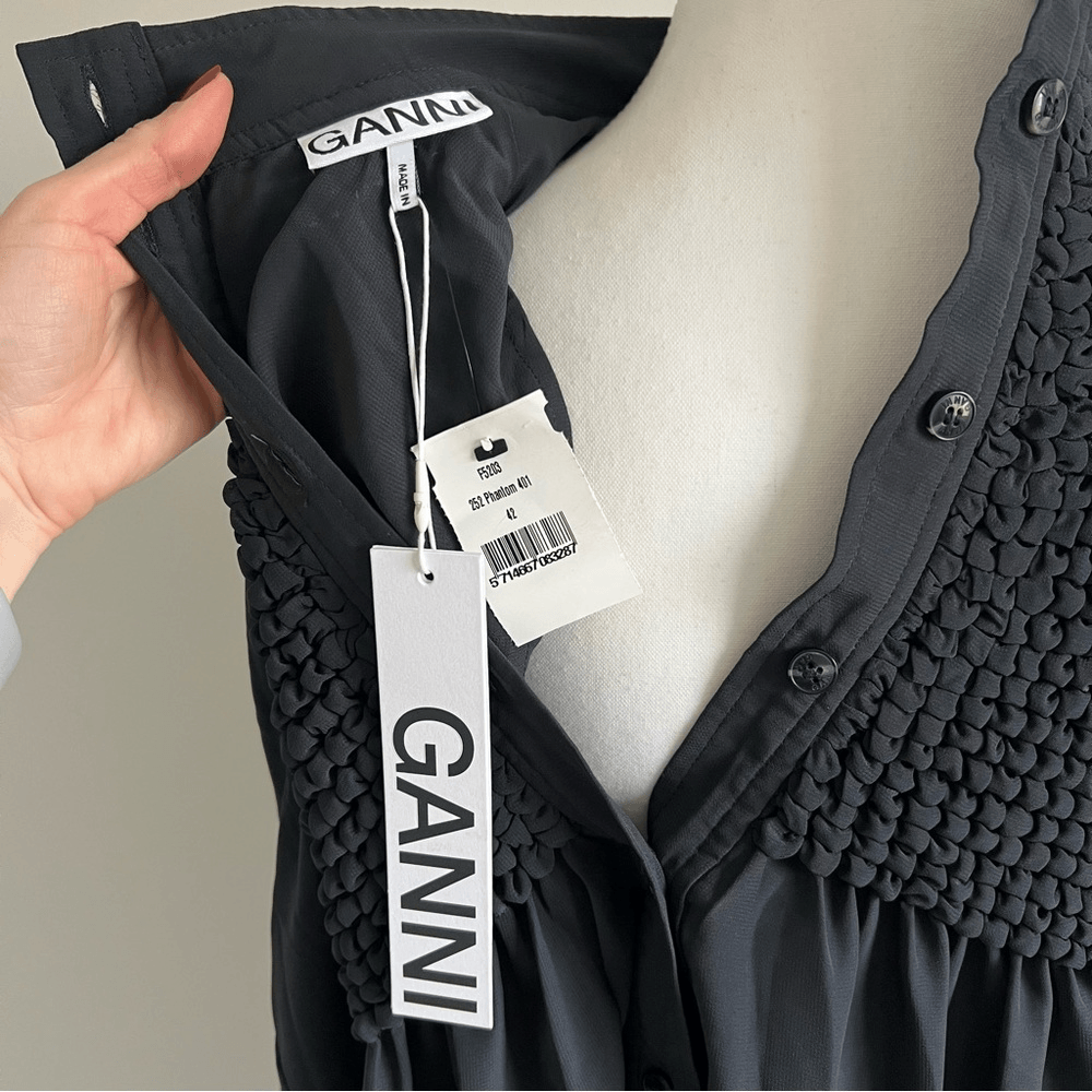 GANNI Smocked Bib Long Sleeve Chiffon Mini Dress NEW EU 42 (US 10/12)