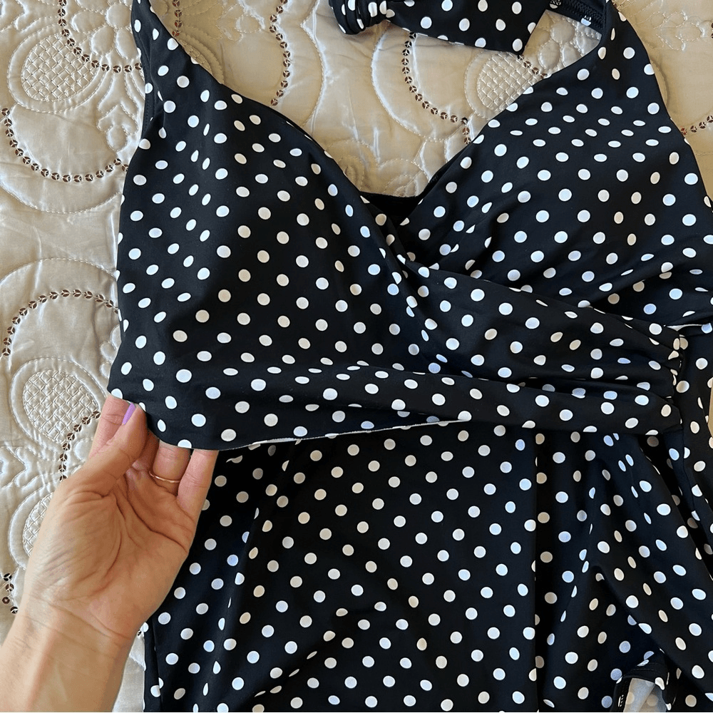 Lands End Polka Dot Halter Tankini Top Size 10 in Black and White