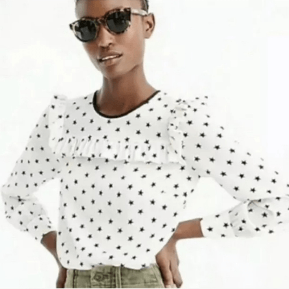 J. Crew Long Sleeve Silk Blouse Top Size 6 Off White Star Printed Ruffle