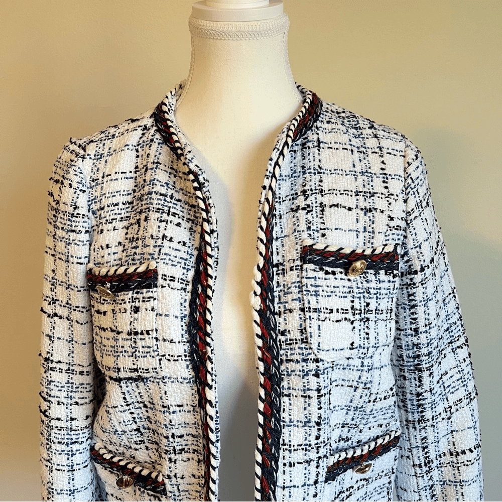 ZARA Textured Tweed Blazer Size Small White, Red, Blue Collarless Open Front