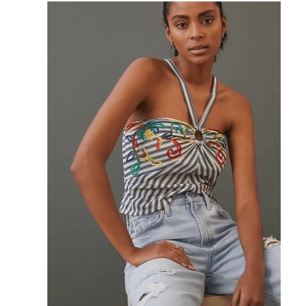 Anthropologie Tiny Avril Embroidered Striped Knit Halter Top Size Medium