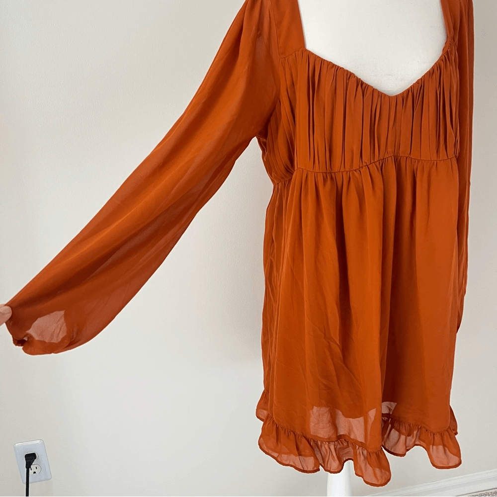 Abercrombie & Fitch Long-Sleeve Ruched Babydoll Mini Dress Size XLT Burnt Orange