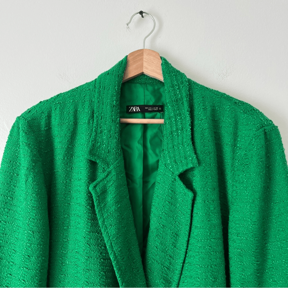 Zara Tweed Oversized Blazer Textured Double Breasted Size Large in Green Blogger