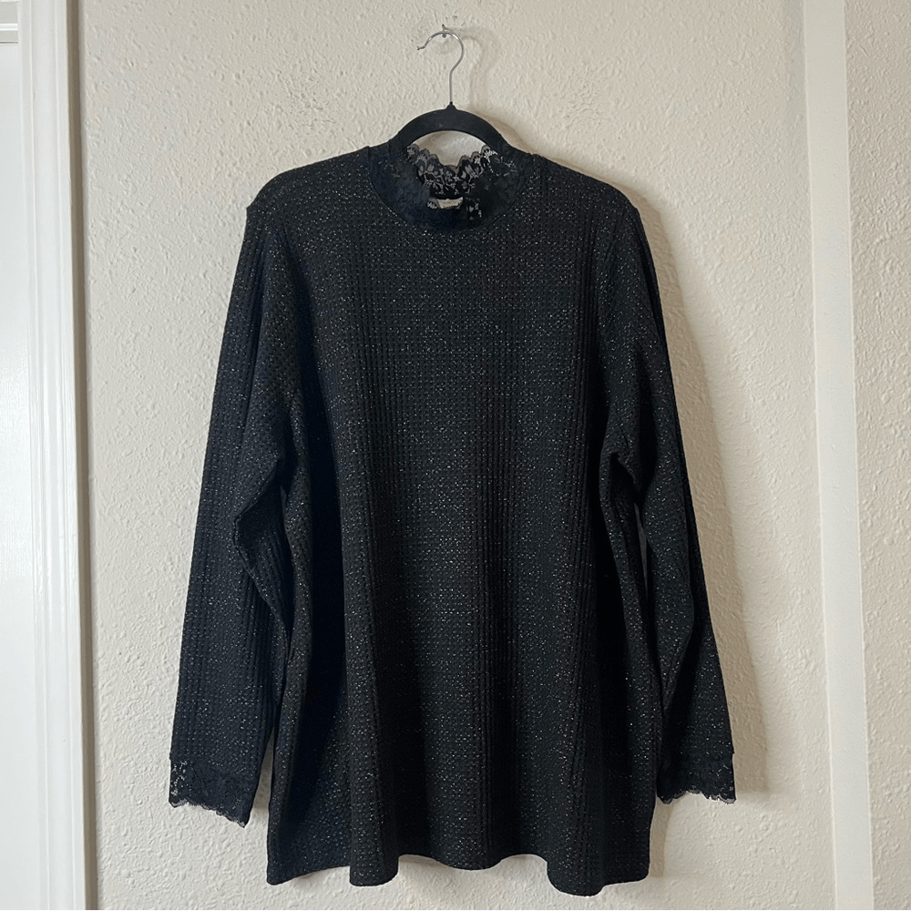 LOGO Lori Goldstein Black Metallic Waffle Knit Lace Top Pockets Stretchy Size 2X