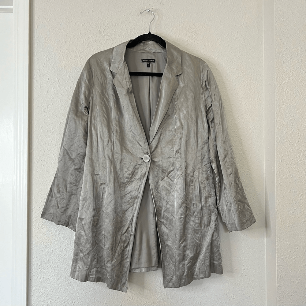 Eileen Fisher Steel Satin Long Blazer Jacket Size Large