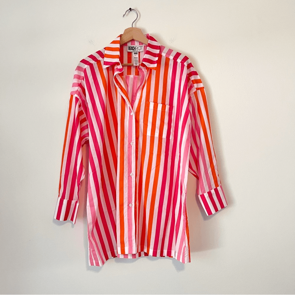 Beach Riot Alexa Striped Button Down Shirt Coverup Size S/M Pink Orange
