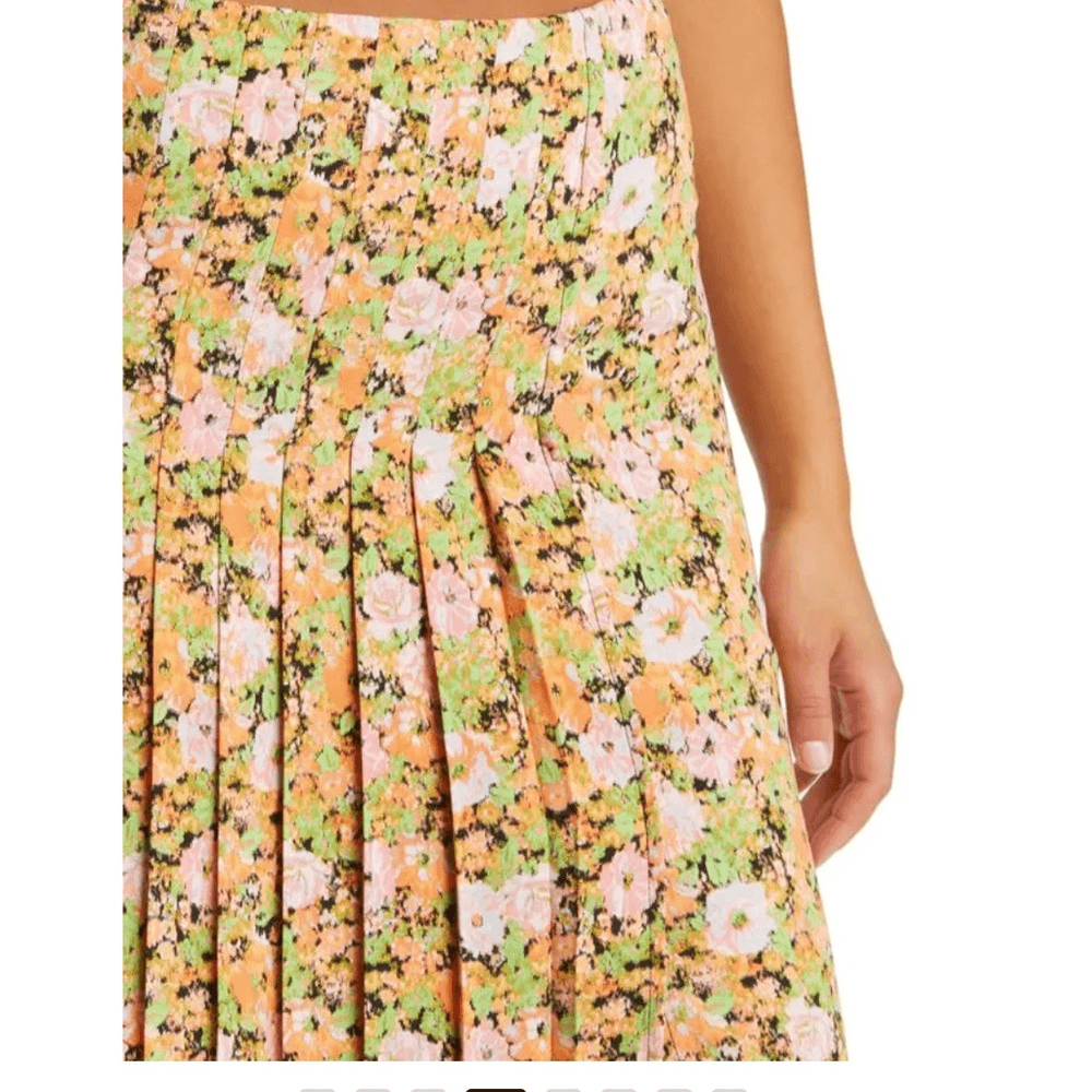 Open Edit Pleated Midi Skirt Orange Multi Meadow Floral Size Medium