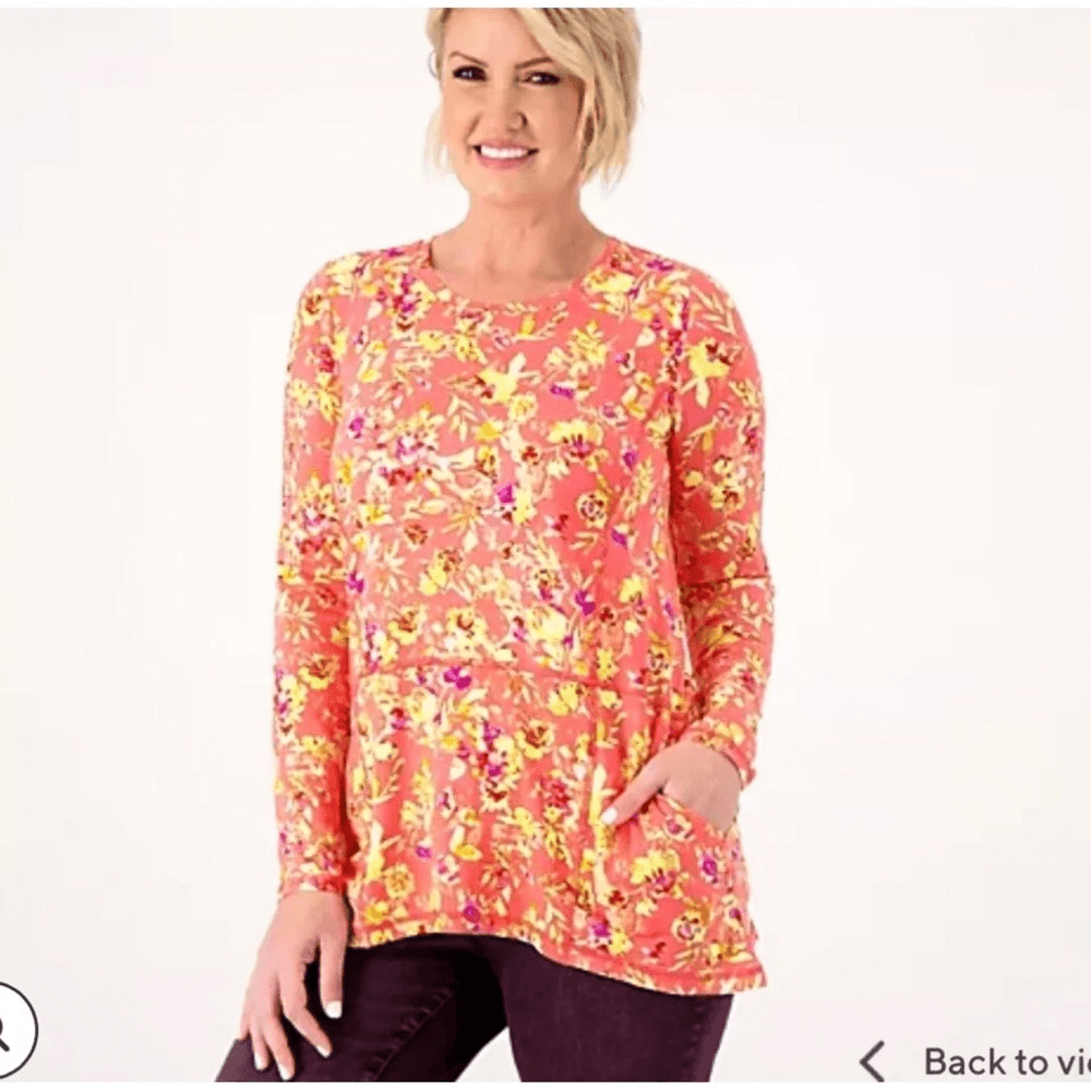 LOGO by Lori Goldstein Floral Long Sleeve Top Size XL Orange Stretchy