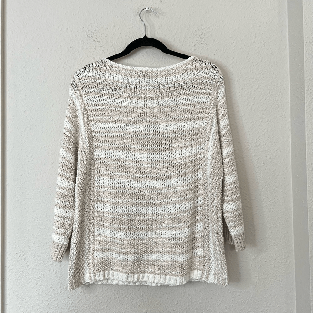 Chico's Striped Linen Blend Textured Chunky Knit Sweater Size Medium 3/4 Sleeve