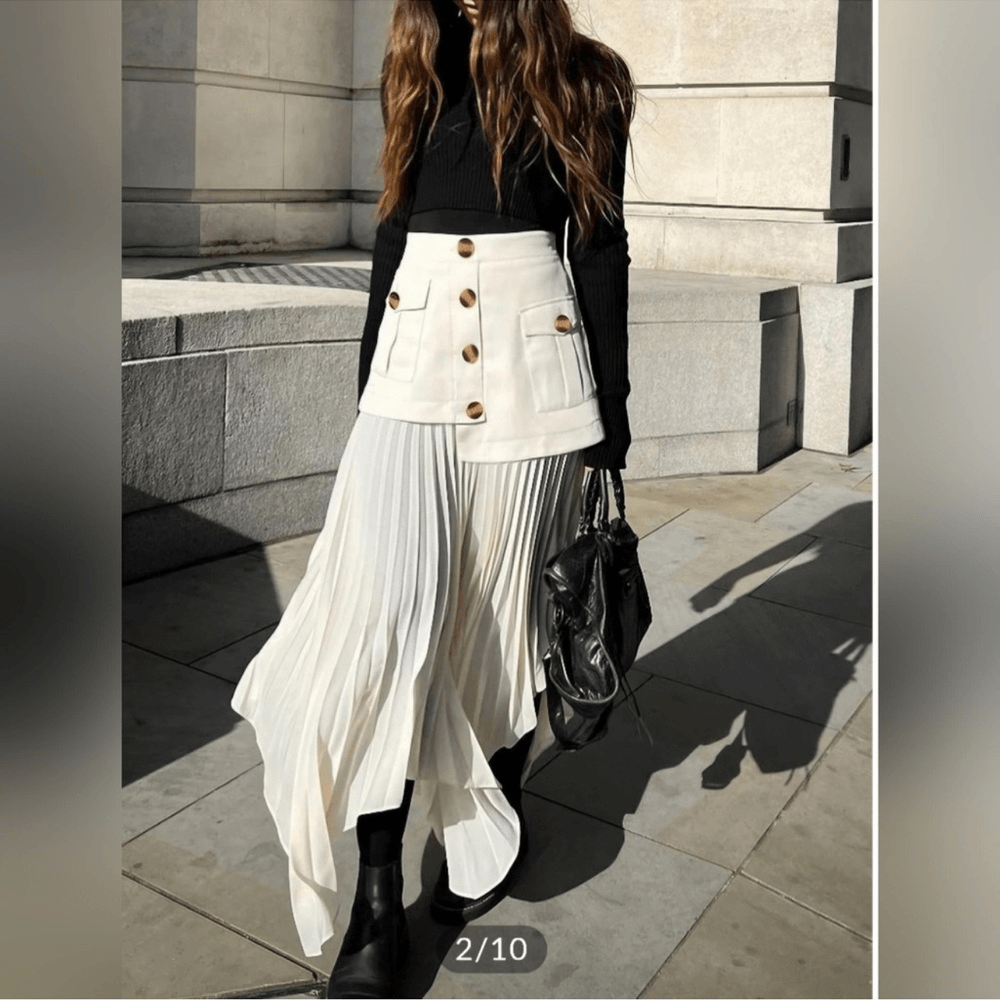 Commense Asymmetrical Pleated Midi Skirt NEW Size Large in Cream