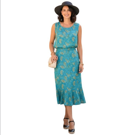 Terry Lewis Peacock Floral 100% Silk Top Midi Skirt Set NEW Plus Size 2X