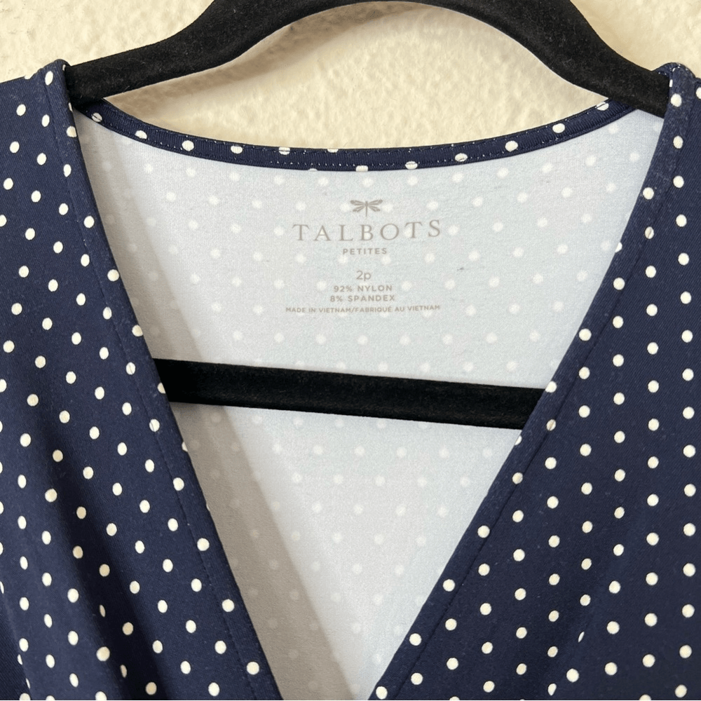 Talbots Polka Dot Faux Wrap Stretch Dress Size 2 Petites Navy Blue