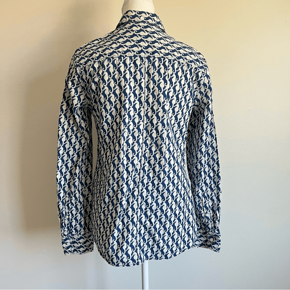 J. Crew Seahorse Linen Blend Button Down Boy Shirt Size 6 Nautical