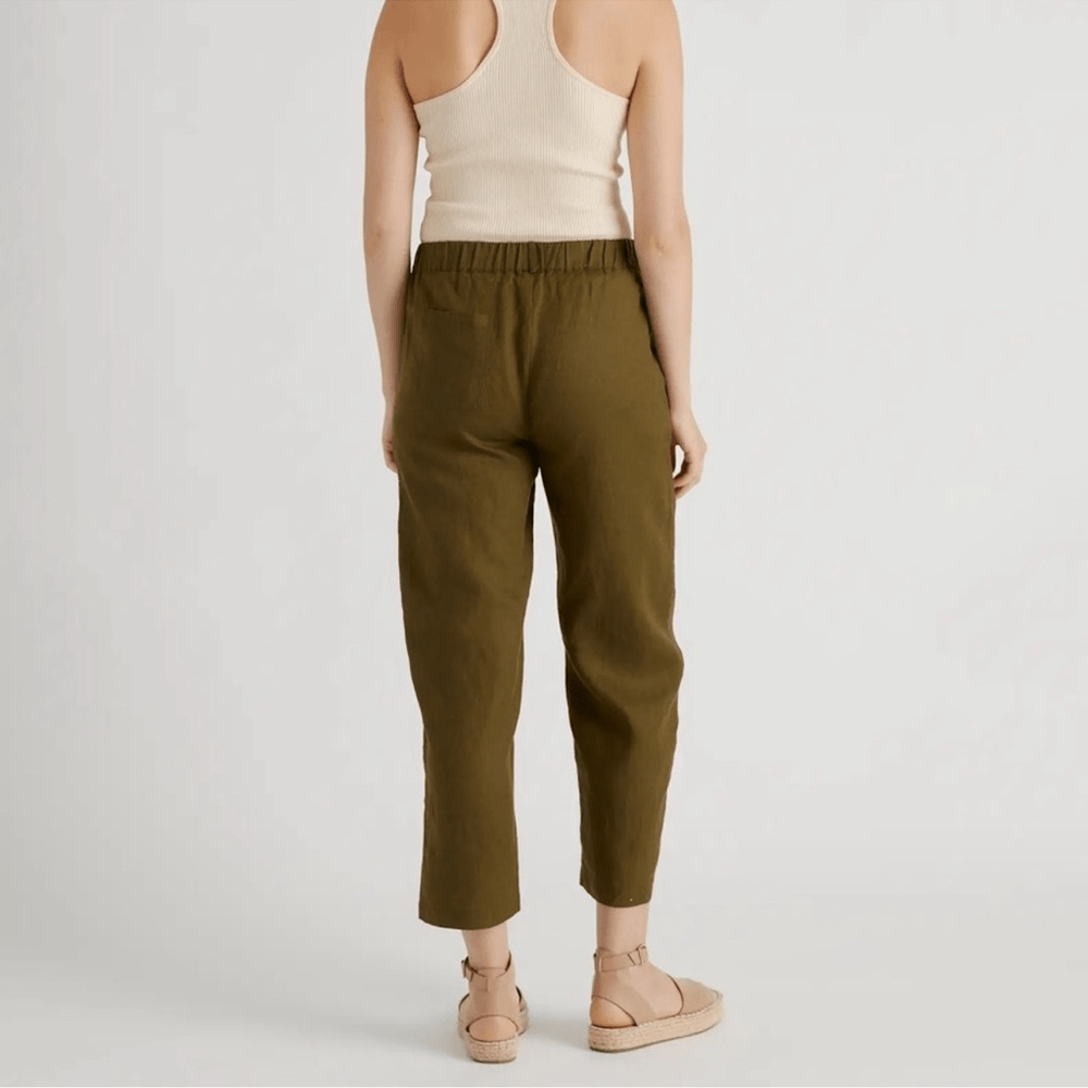 Quince 100% European Linen Cropped Pants NEW Size Medium Olive Green Pull on