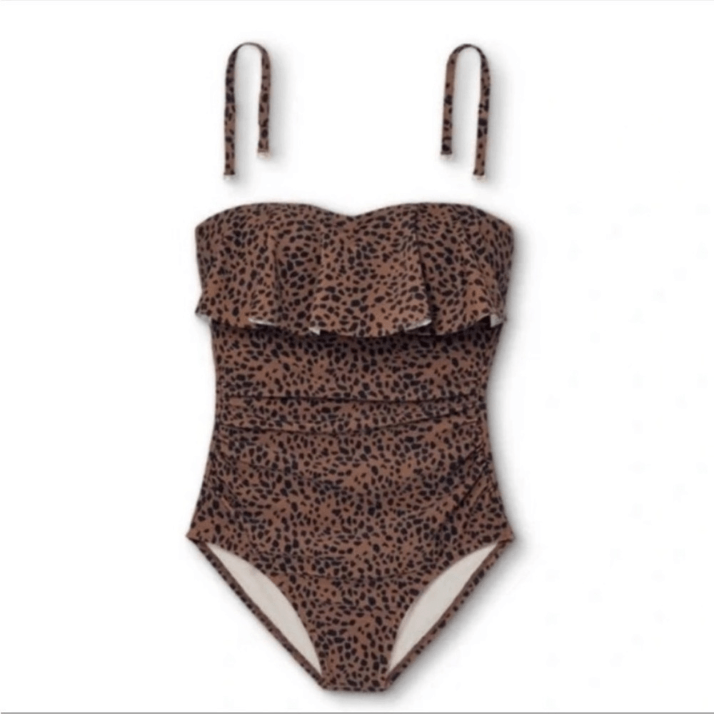 Kona Sol Swim Leopard Swimsuit Bandeau Flounce High Coverage One Piece NEW Small