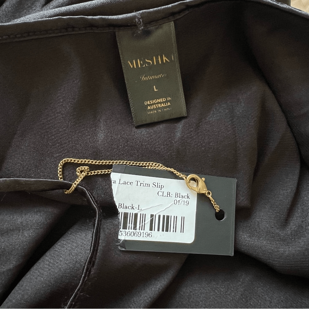 Meshki Satin Lace Trim Black Slip Mini Dress NEW Size Large