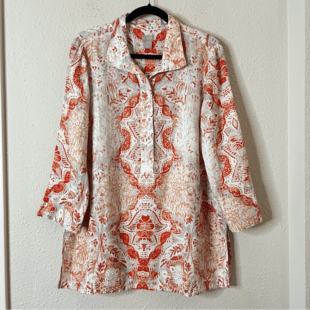 Chico’s Petite Medallion-Print Linen Tunic Top Size 8/10