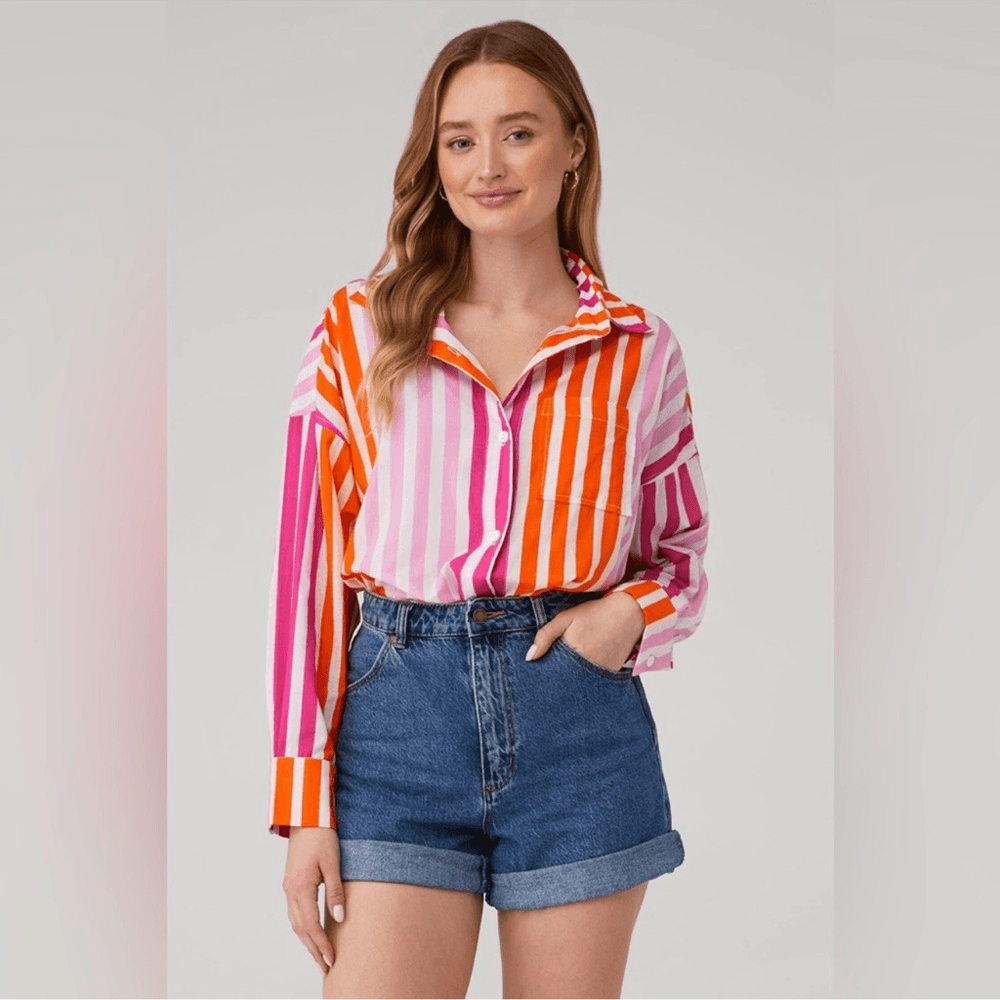 Beach Riot Alexa Striped Button Down Shirt Coverup Size S/M Pink Orange