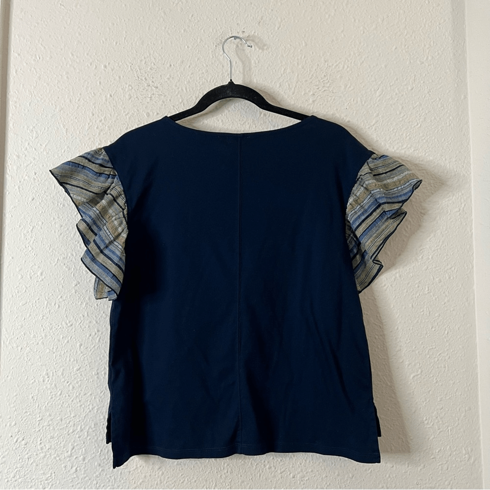 Anthropologie Postmark Seafarer Ruffle Sleeve Navy Blue Top Size Small