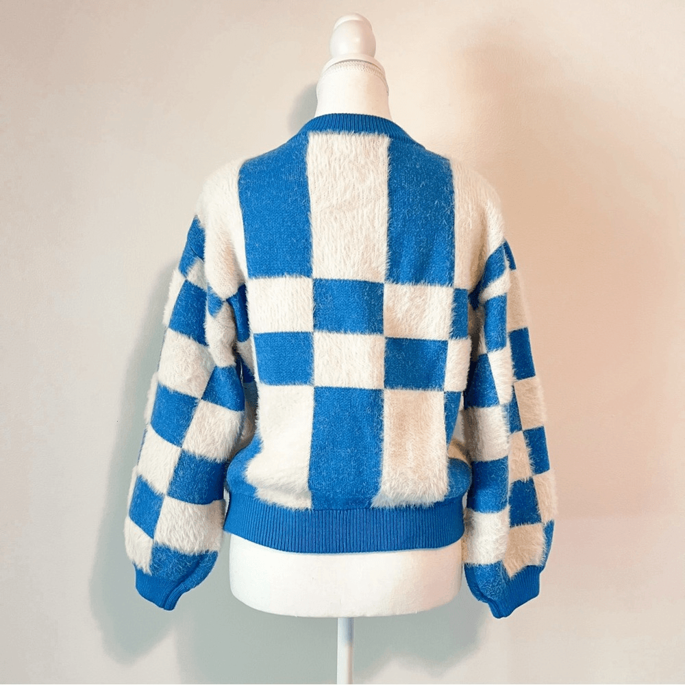 FRNCH Lio Cozy Fuzzy Sweater Blue White Abstract Colorblock Size Small