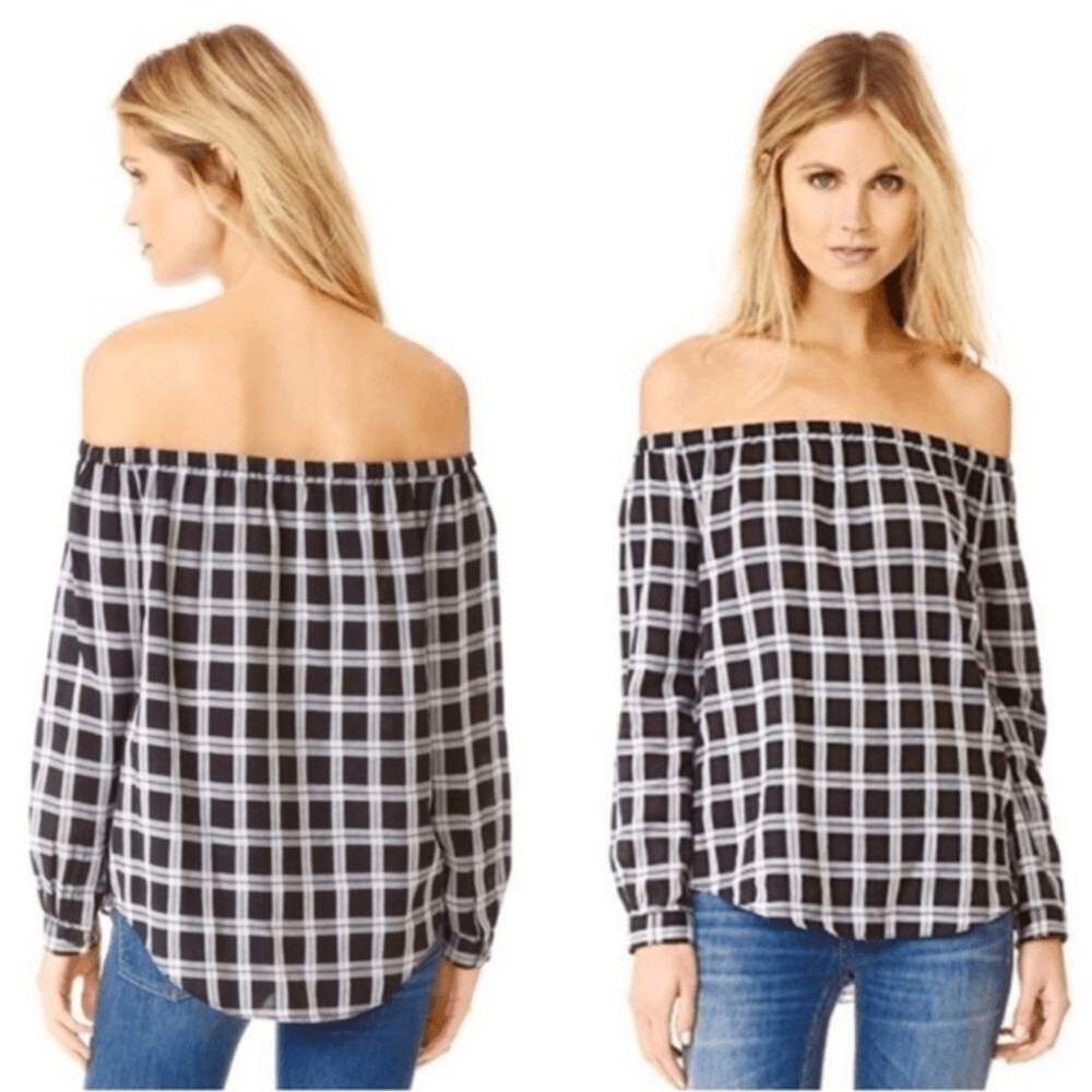 Rag & Bone Plaid Off Shoulder Top Blouse Size Small Black White