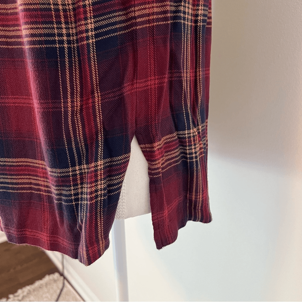 Anthropologie Cloth & Stone Homestead Plaid Off the Shoulder Top Small Burgundy