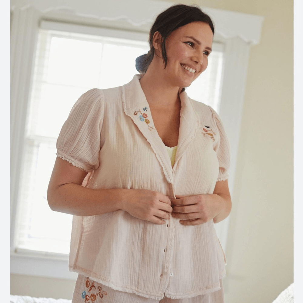 Anthropologie Romilly Boho Top Button-up Pink Embroidery NEW Plus Size 1X