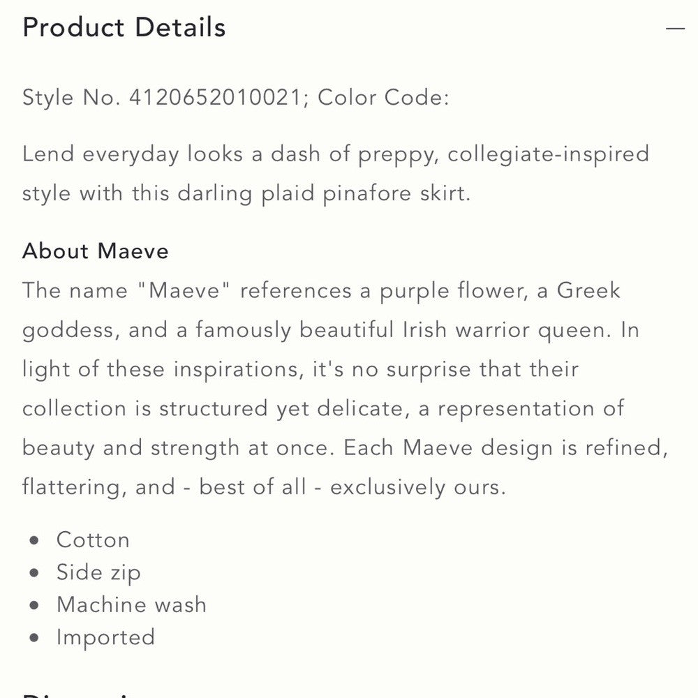 Anthropologie Maeve Plaid Pinafore Skirt NEW Size 6