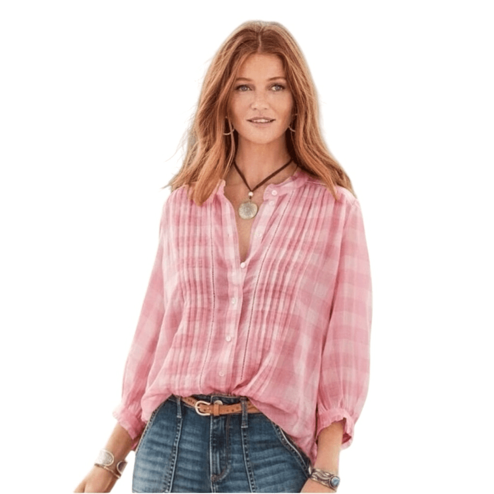 Sundance Risette Pink White Gingham Button Down Tie Sleeve Top Size XS