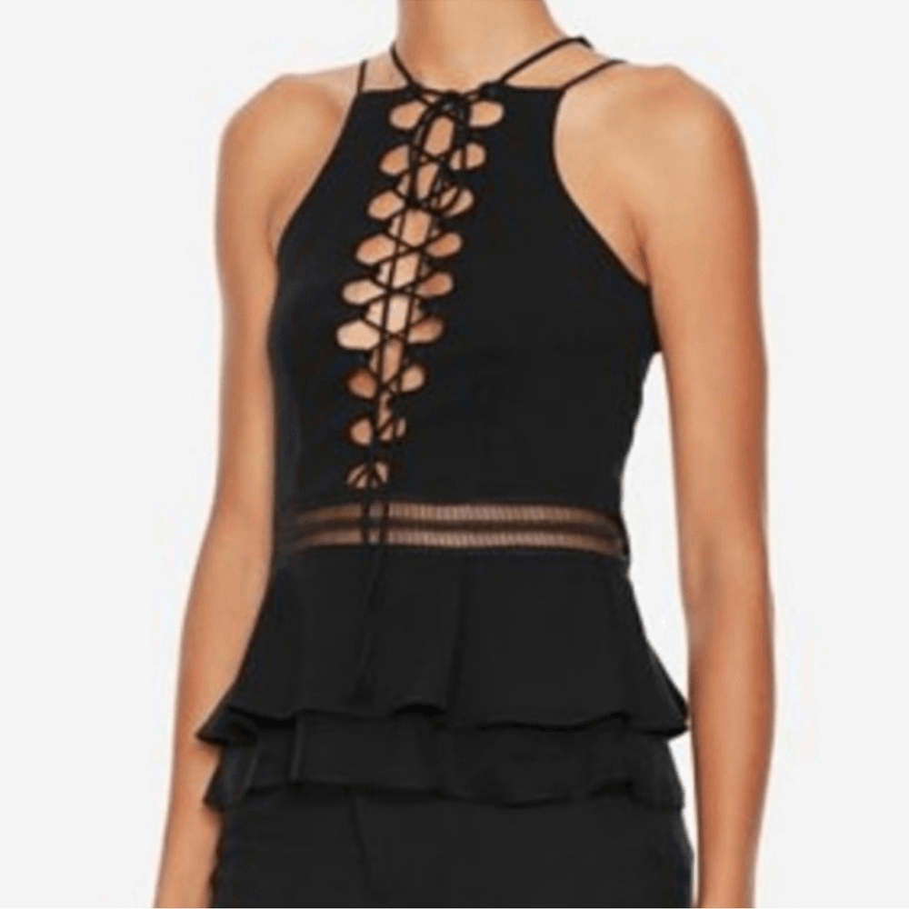 Jonathan Simkhai Lace Up Crepe Peplum Top in Black Size 2 Silk Trim
