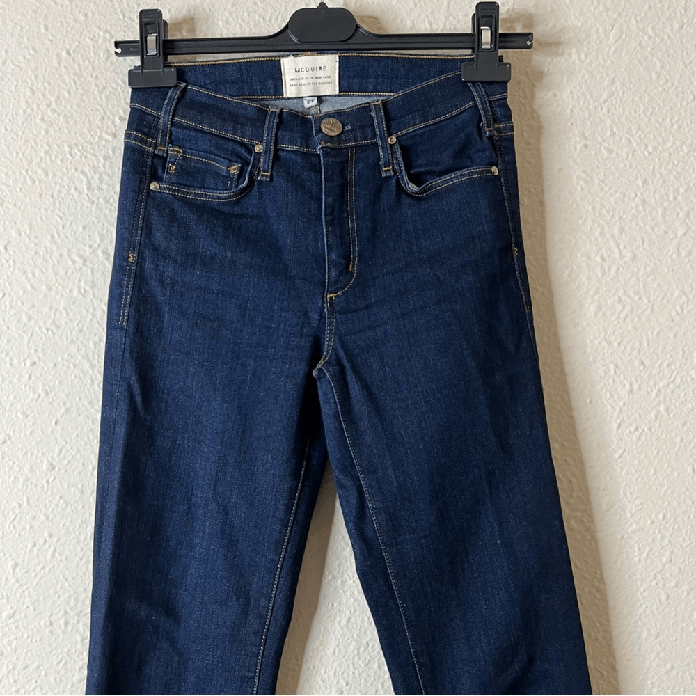 Anthropologie McGuire Flare Dark Wash Raw Hem Jeans Size 24