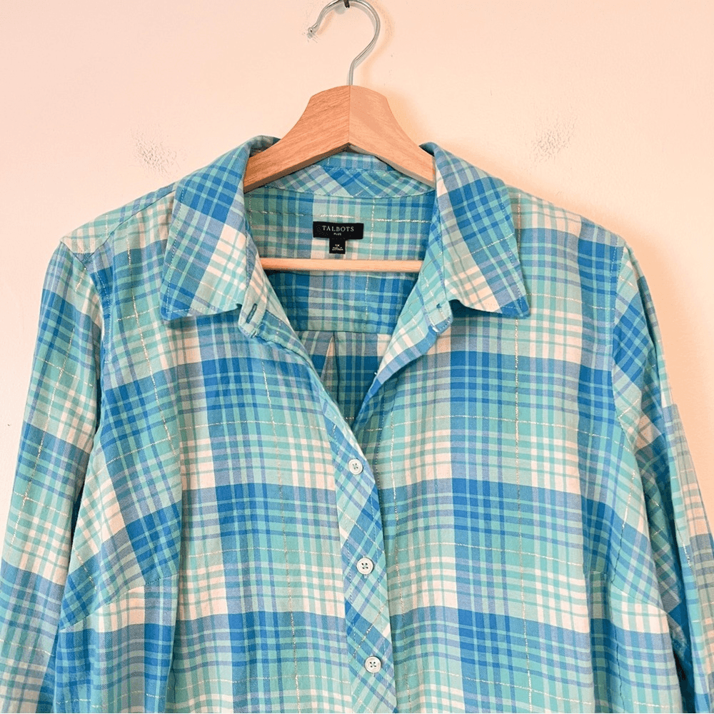 Talbots Cotton Button Front Shirt - Ornament Plaid Metallic in Blue Size 1X