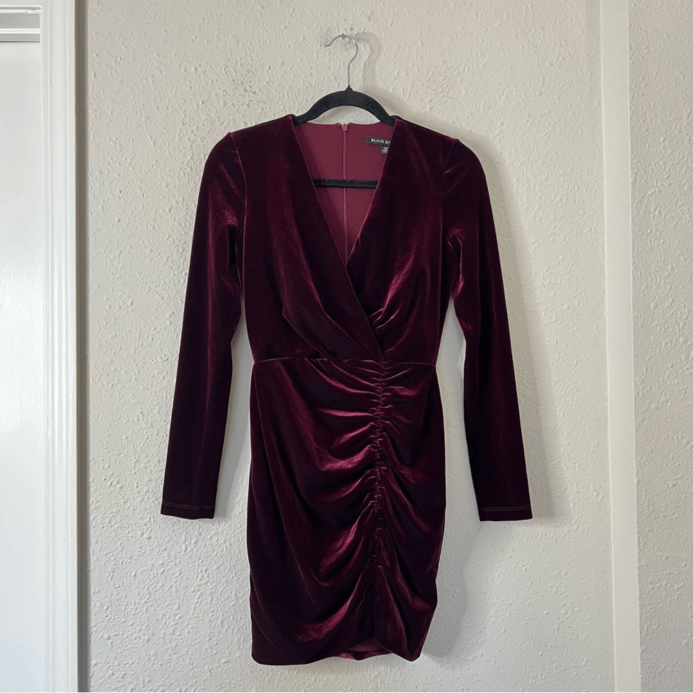 BLACK HALO l Maroon Velvet Long Sleeve V Neck Mini Cocktail Bodycon Dress Size 0