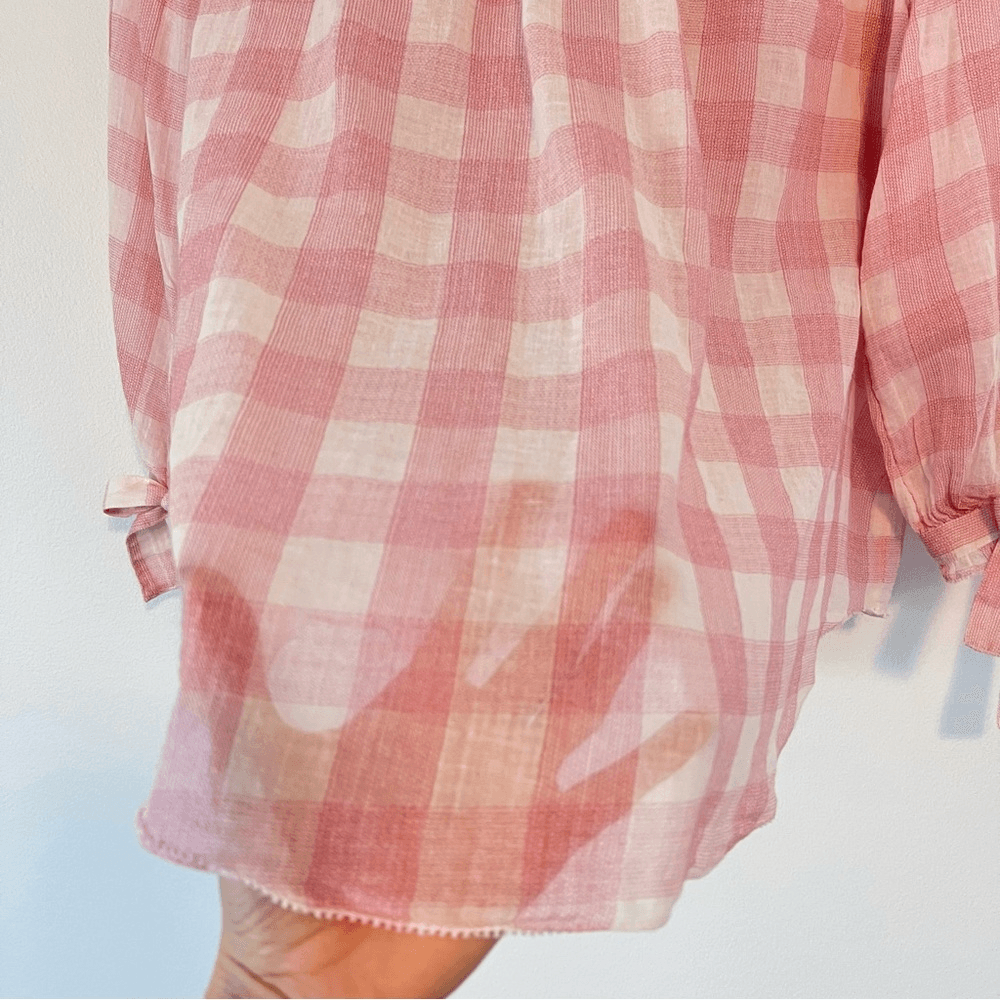 Sundance Risette Pink White Gingham Button Down Tie Sleeve Top Size XS