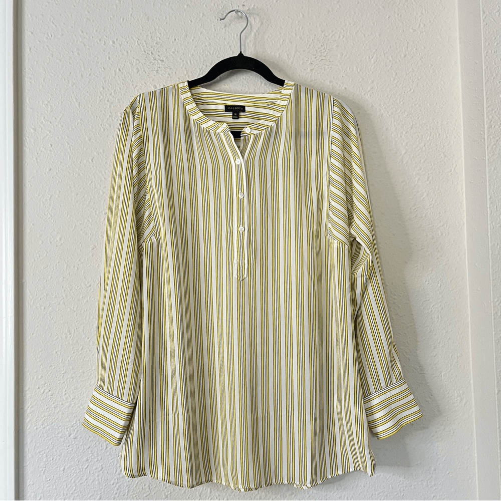 Talbots Stripe Shirt Popover Tunic Blouse Top Size Medium Long Sleeve Yellow