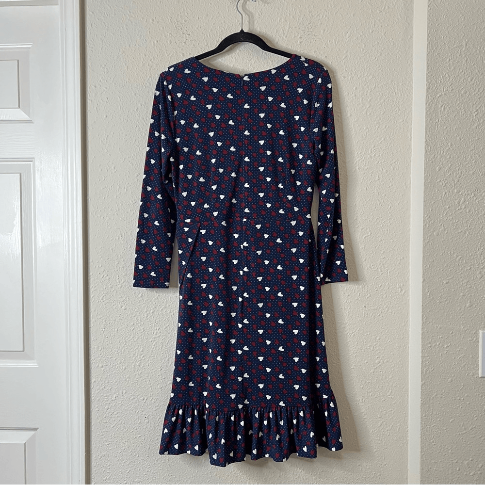 Talbots Heart Print A-Line Jersey Sheath Dress Long Sleeve Navy Blue Size 6