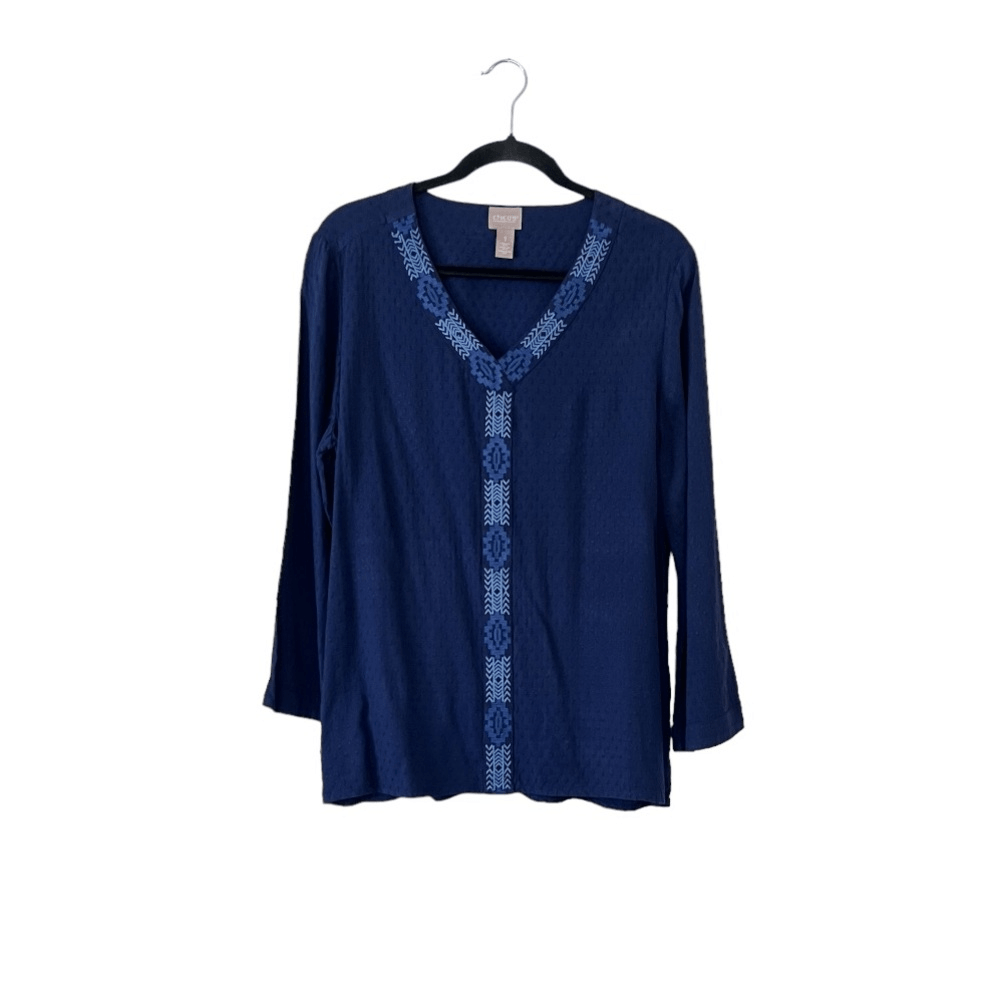 Chico's Trimmed Bell-Sleeve Popover Navy Blue Blouse Top Size 1, US Size Medium