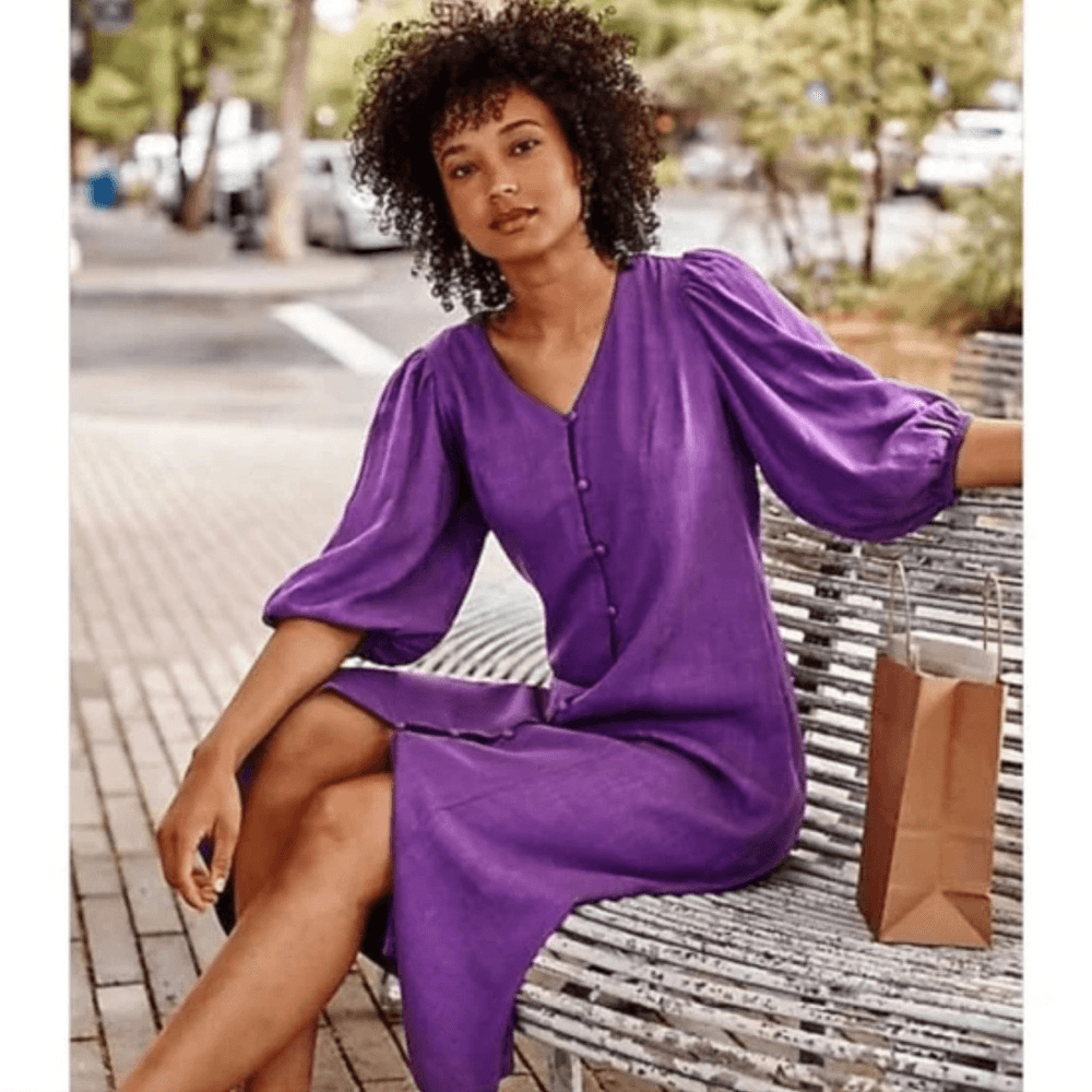 J.Jill Purple Button Front Linen Blend Midi Dress Puff Sleeve Size Large