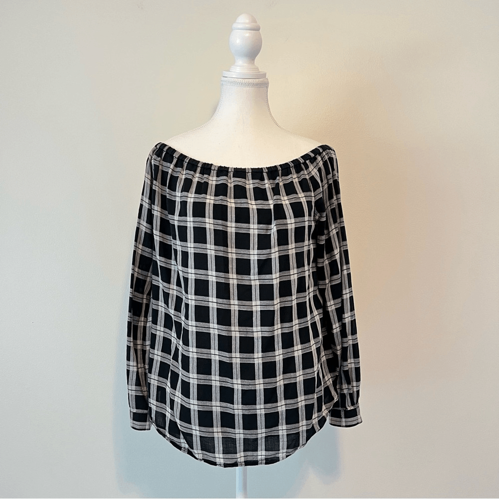 Rag & Bone Plaid Off Shoulder Top Blouse Size Small Black White